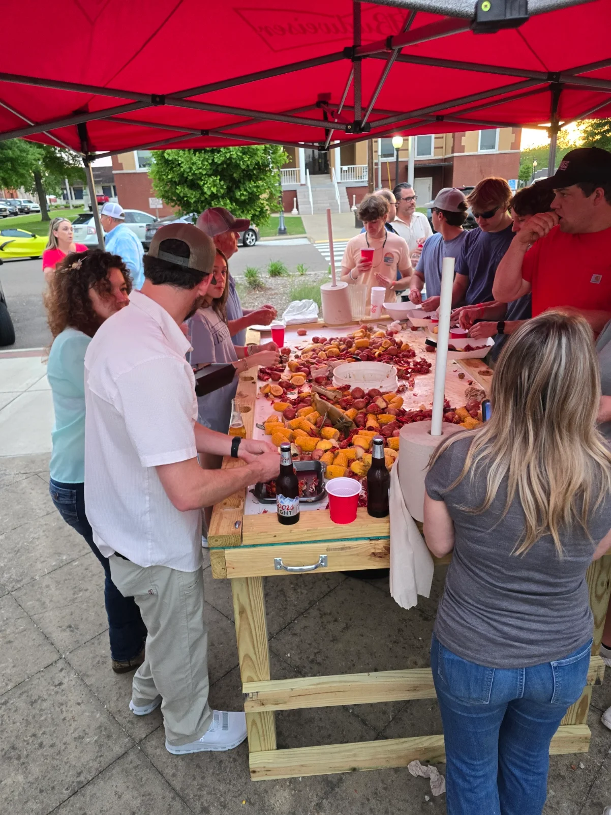 Outdoor seafood boil gathering with friends