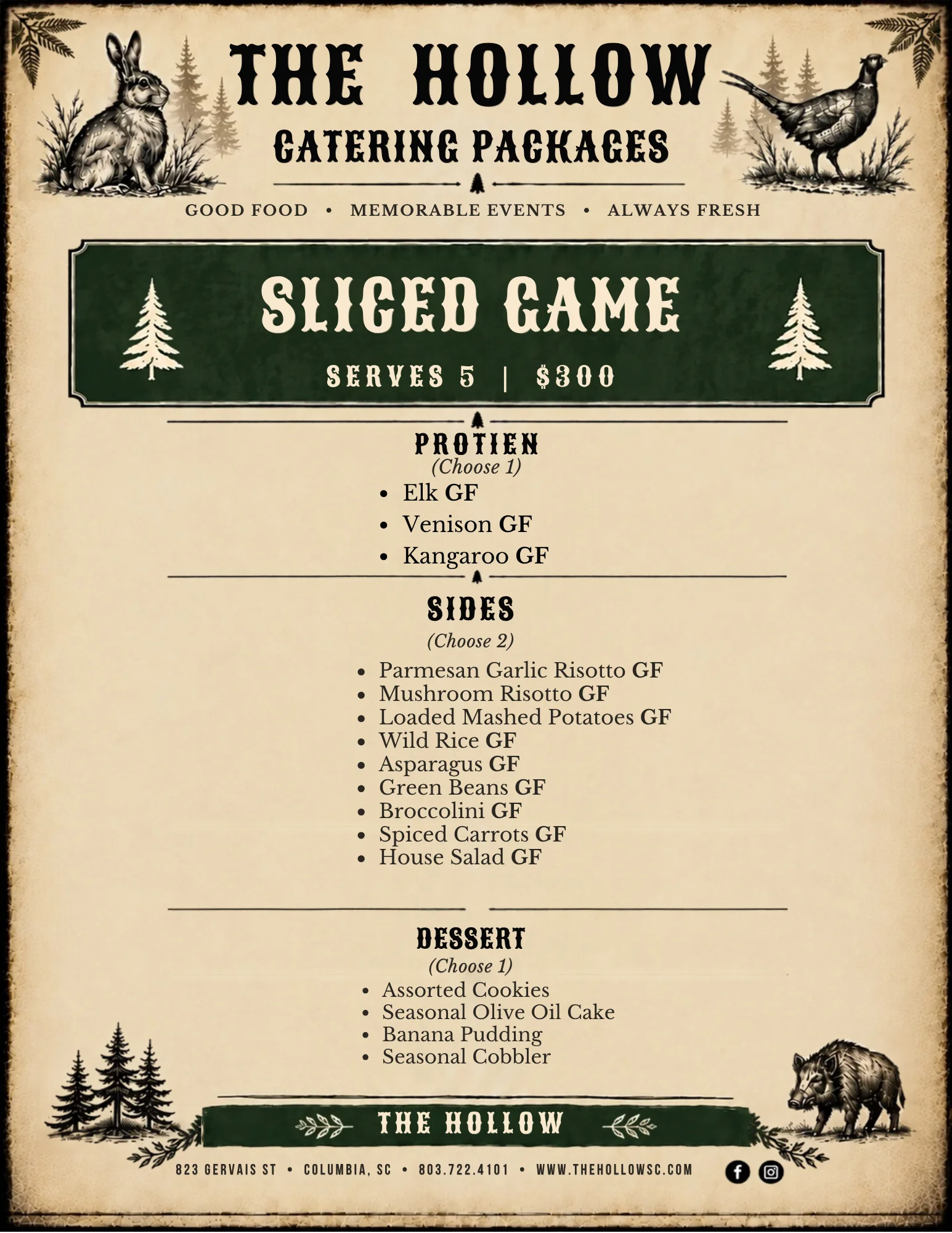 The Hollow catering package menu with entrée, sides, and dessert selections