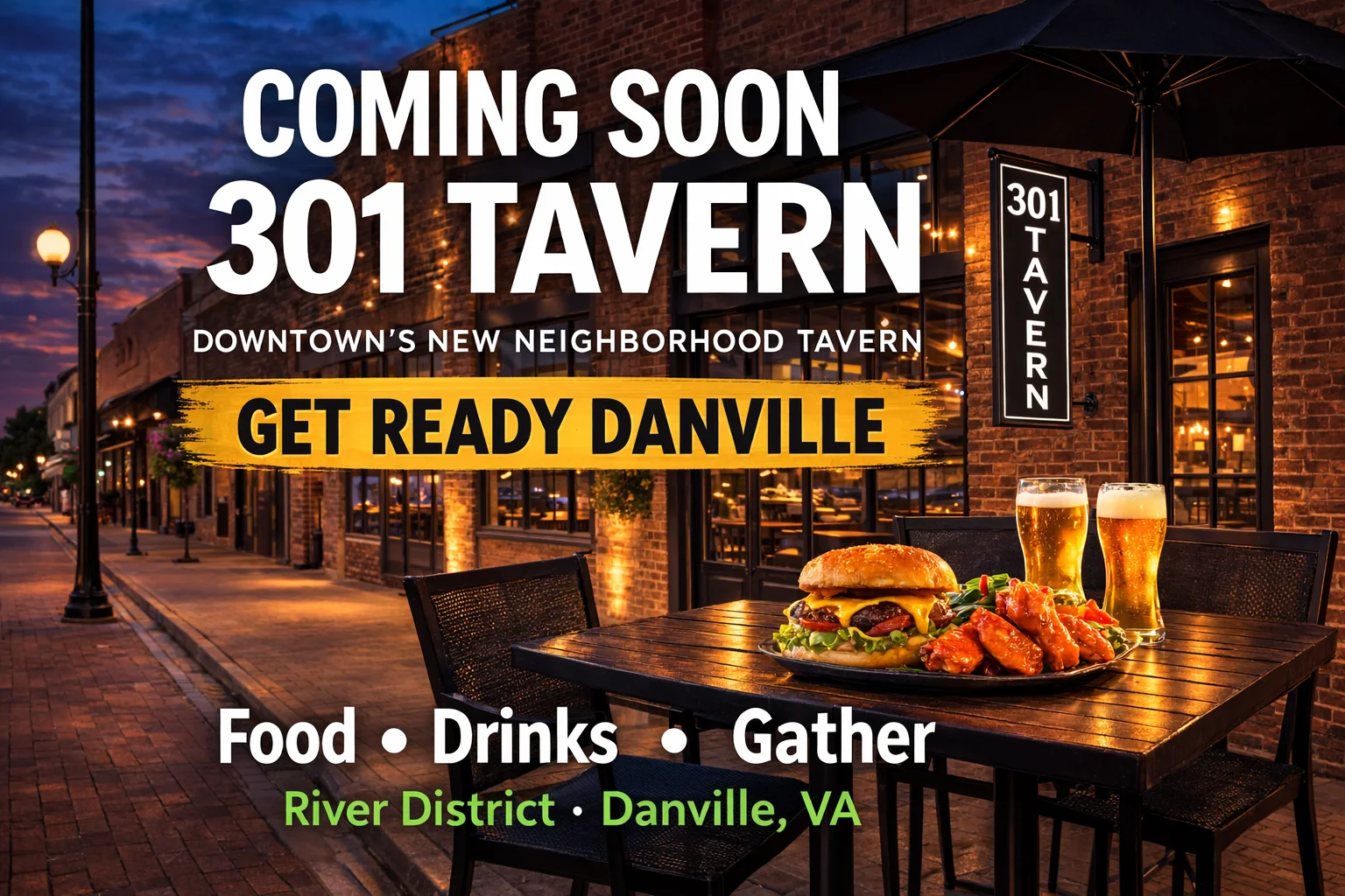 An outdoor dining area featuring tables with food and drinks, banners announcing a new tavern, and a beautiful evening sky.