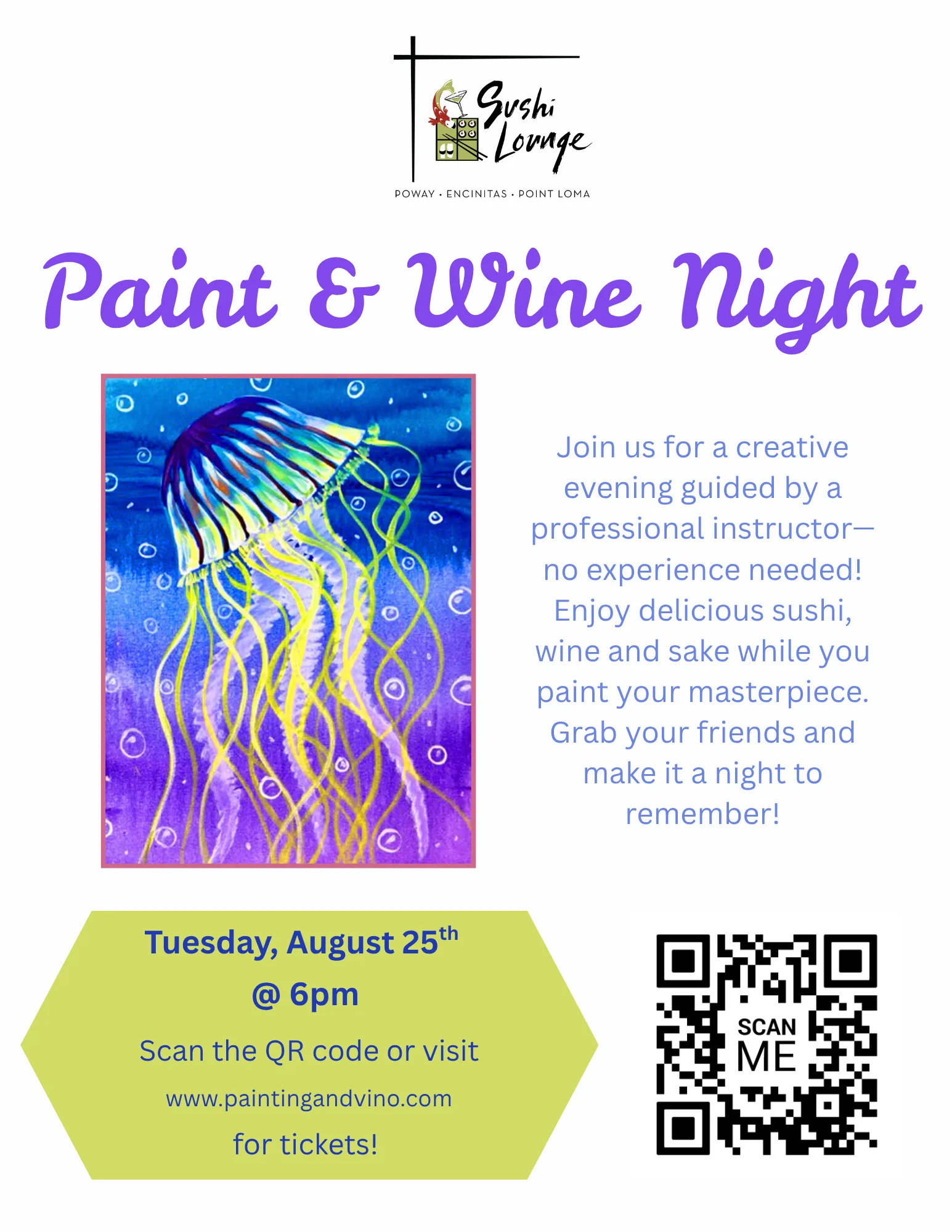 Promotional poster for Paint & Wine Night at Sushi Lounge