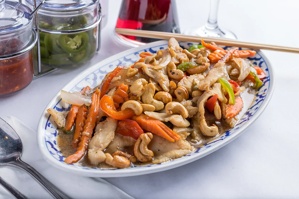 Stir-fried chicken with cashews in a Chinese restaurant