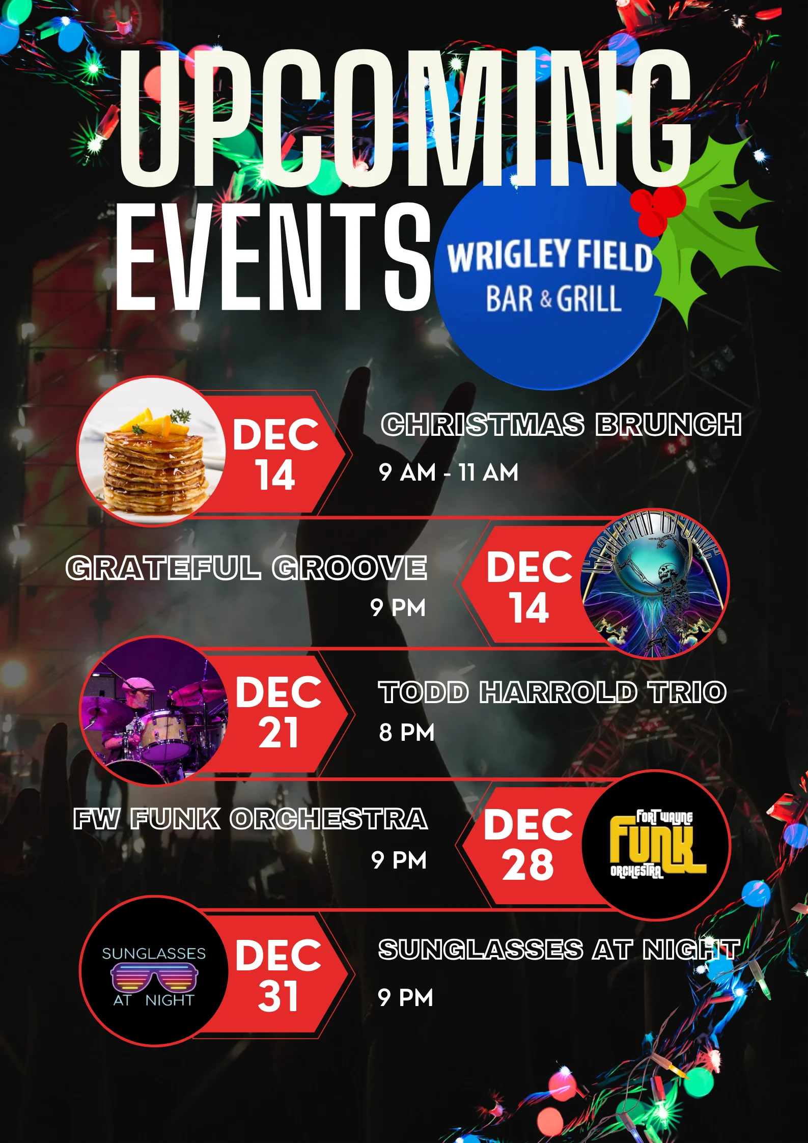 Upcoming events at Wrigley Field Bar & Grill with festive decorations