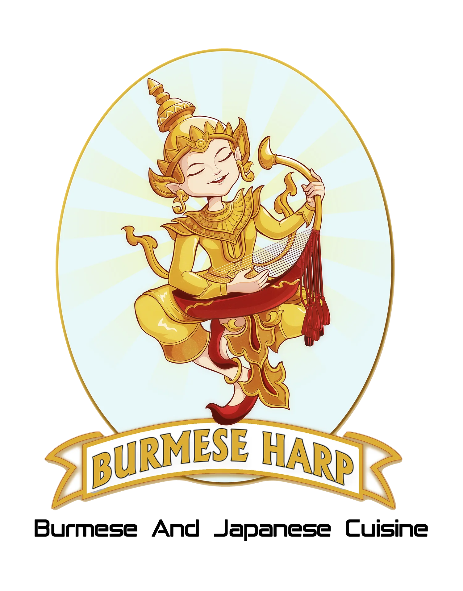 Logo of Burmese Harp restaurant featuring a traditional musician