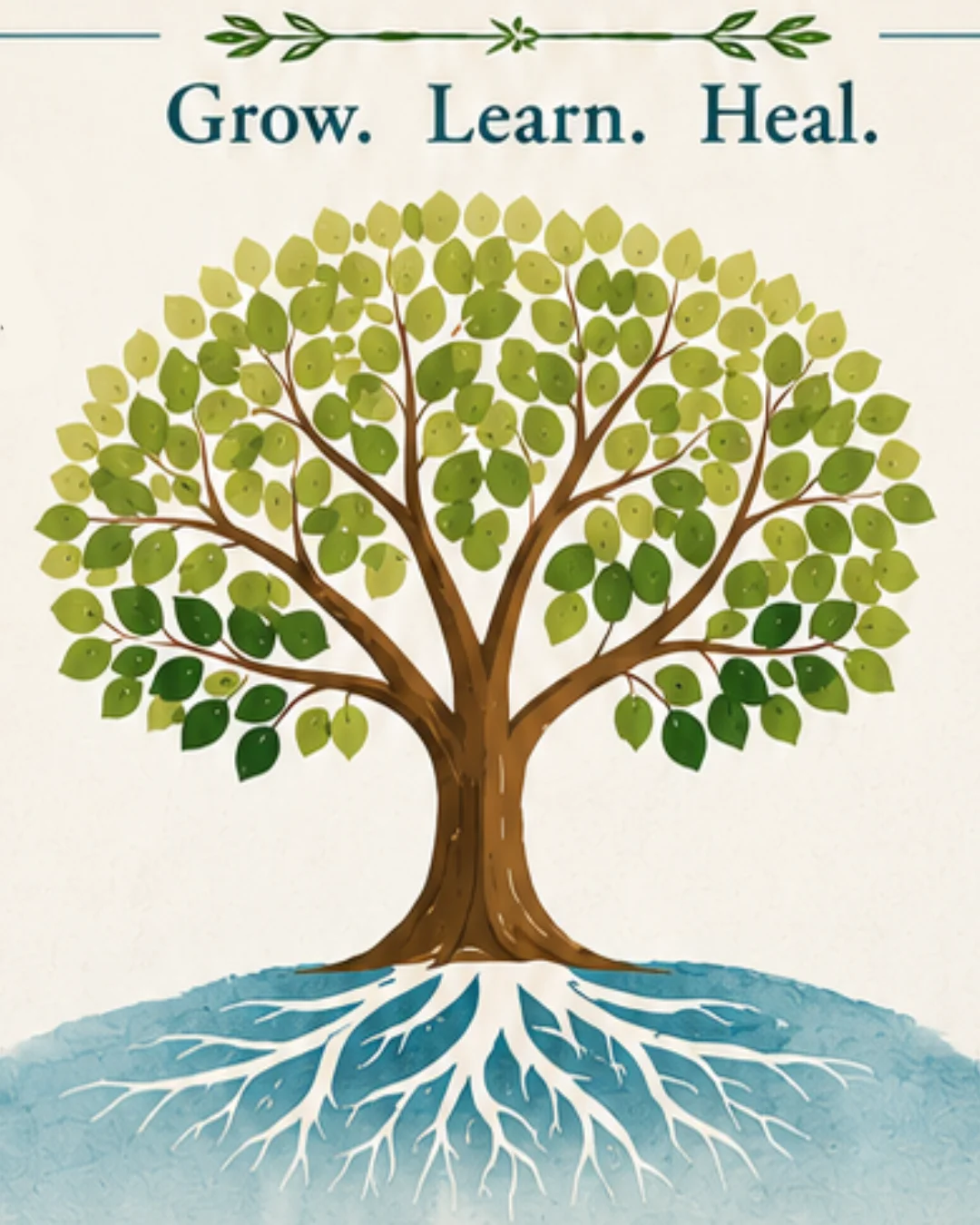 Illustration of a tree with the words Grow, Learn, Heal