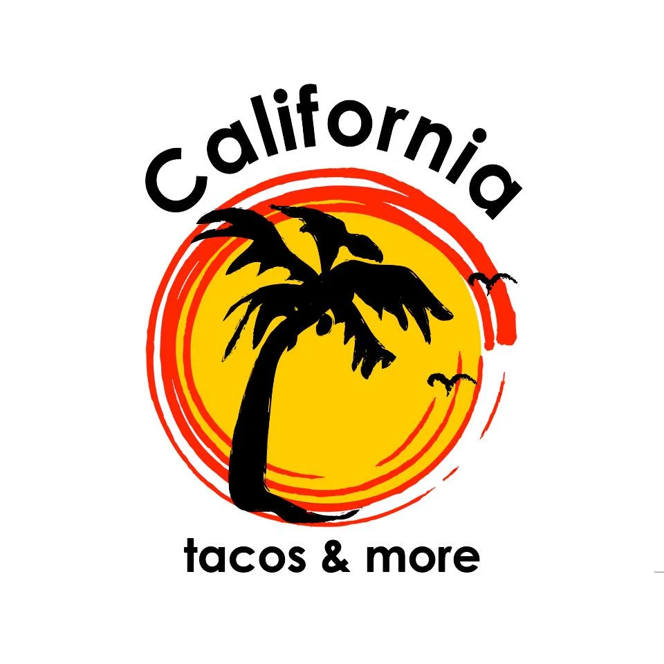 Logo for California Tacos & More featuring a palm tree and sunset design