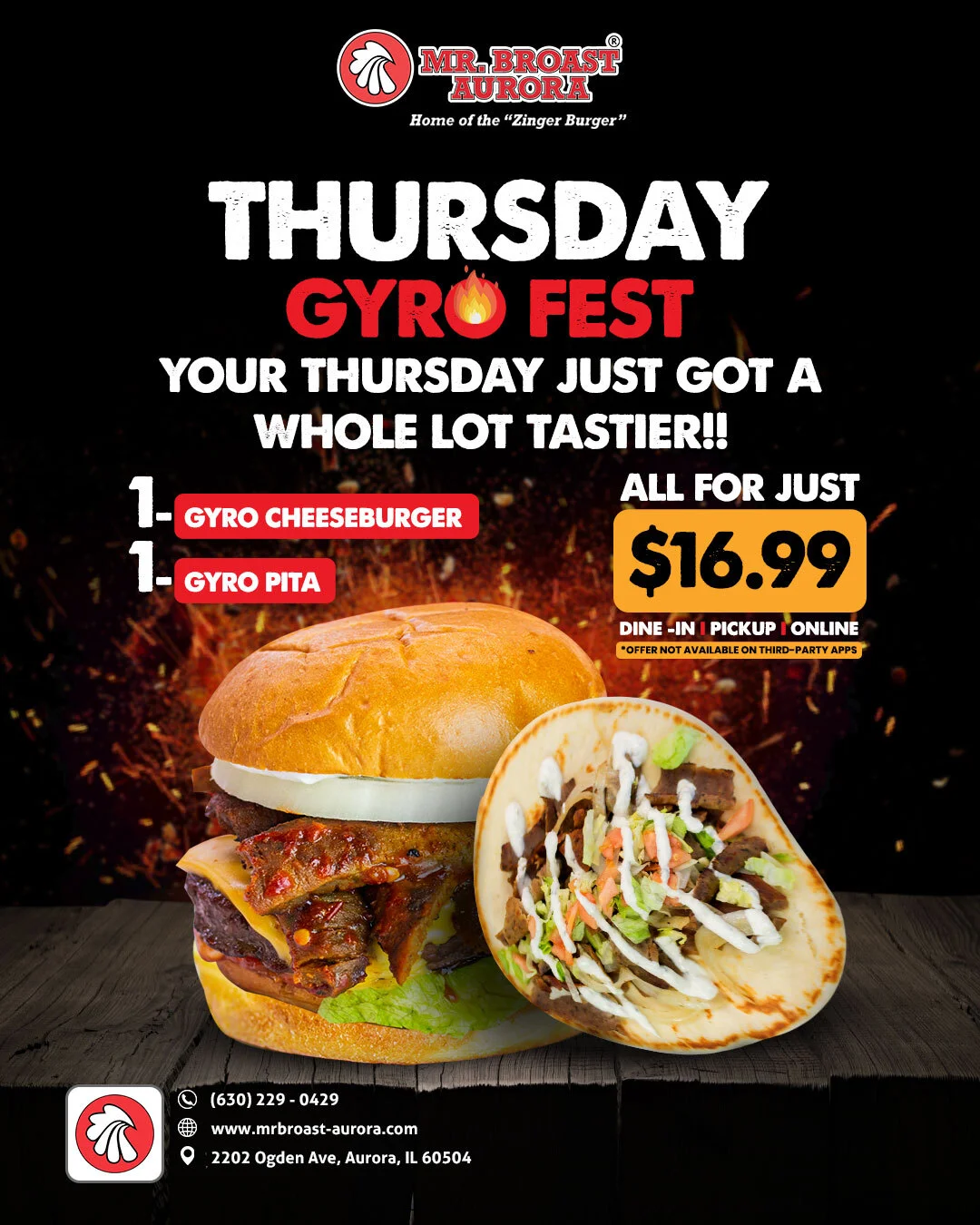 Promotional image for Gyro Fest featuring a gyro cheeseburger and gyro pita.