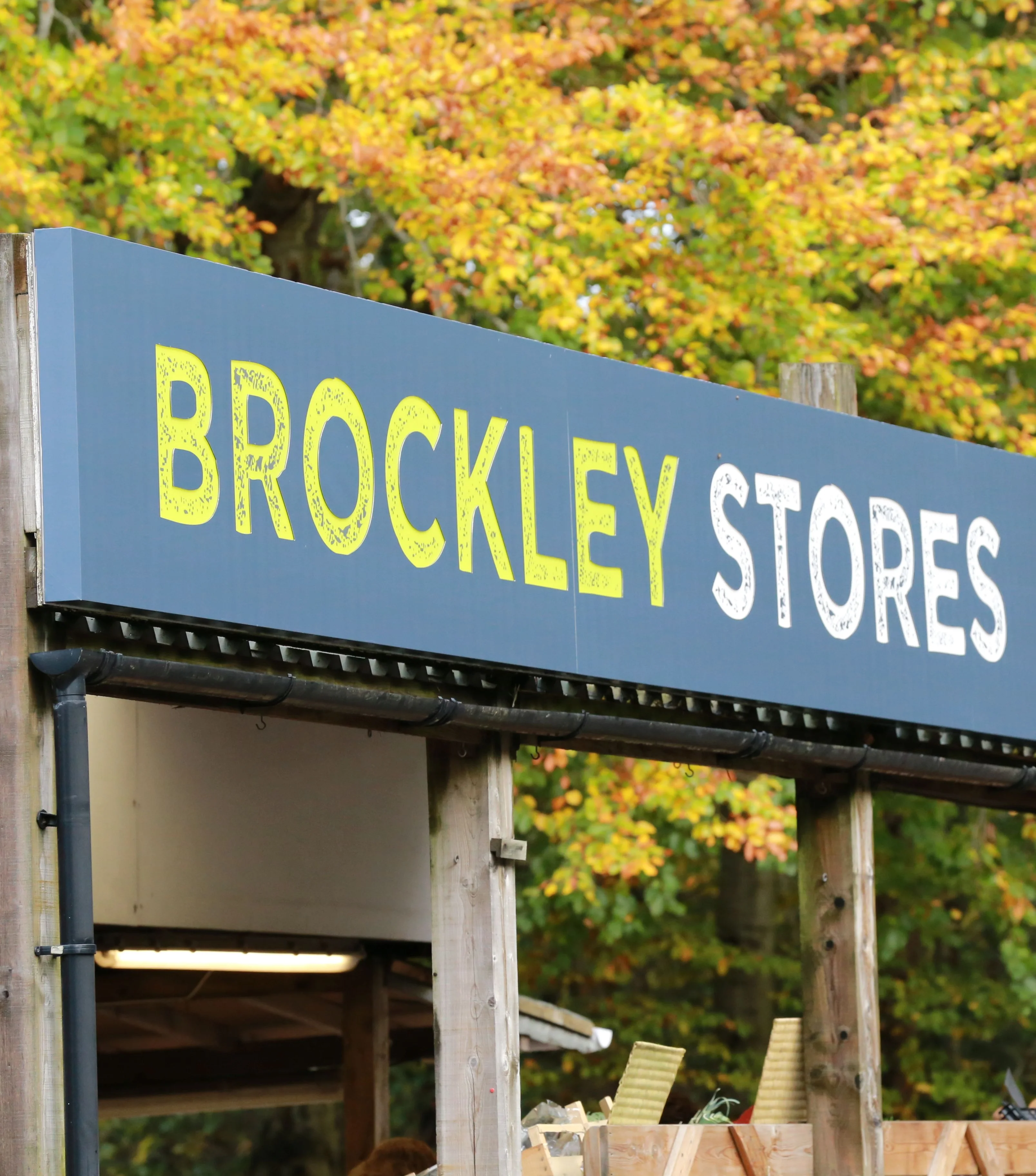 Sign for Brockley Stores featuring local food offerings