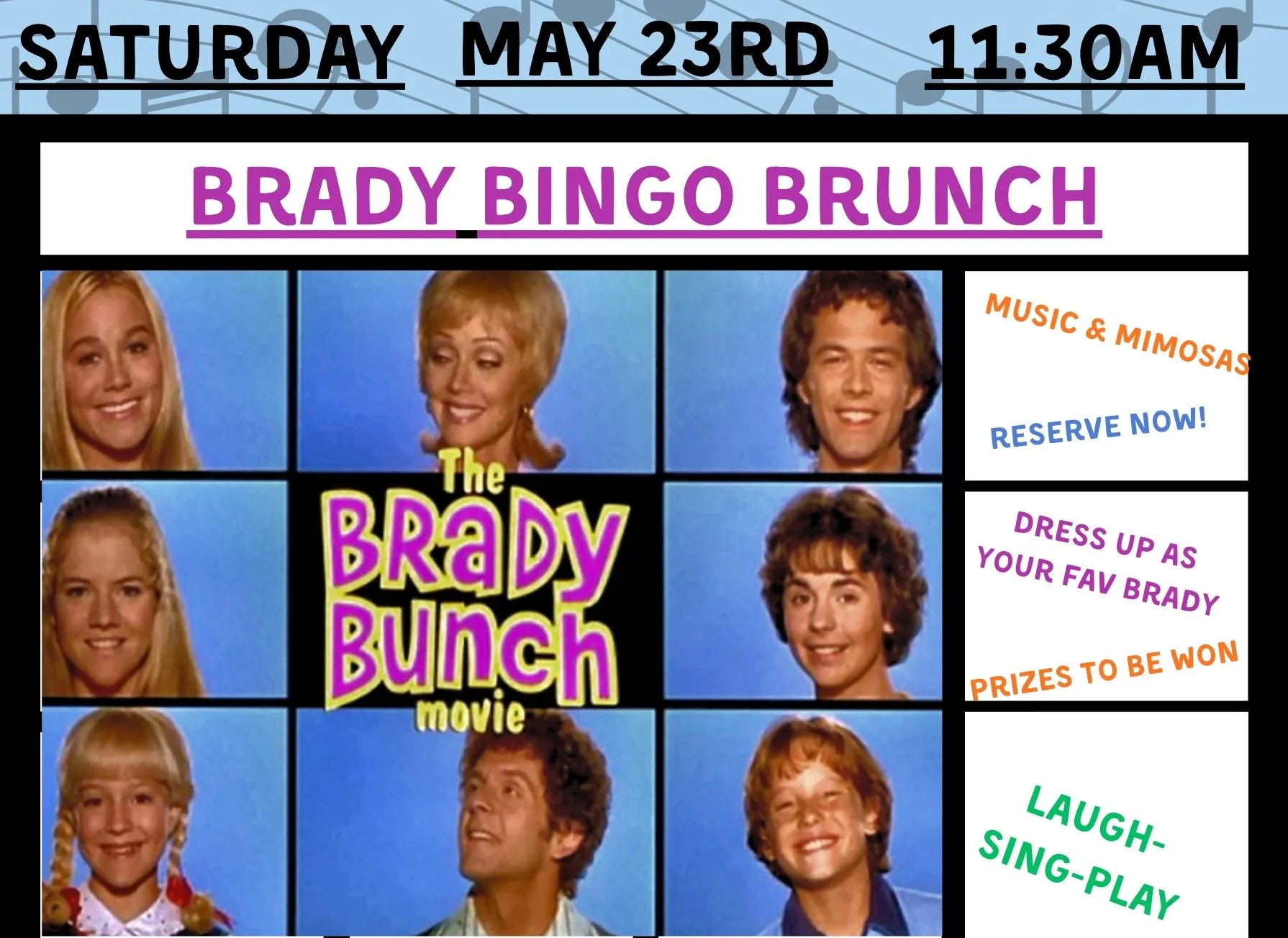 Brady Bingo Brunch event poster with details and images from The Brady Bunch.