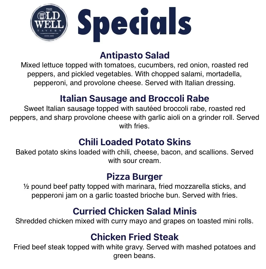 Specials menu featuring Italian and American comfort food dishes