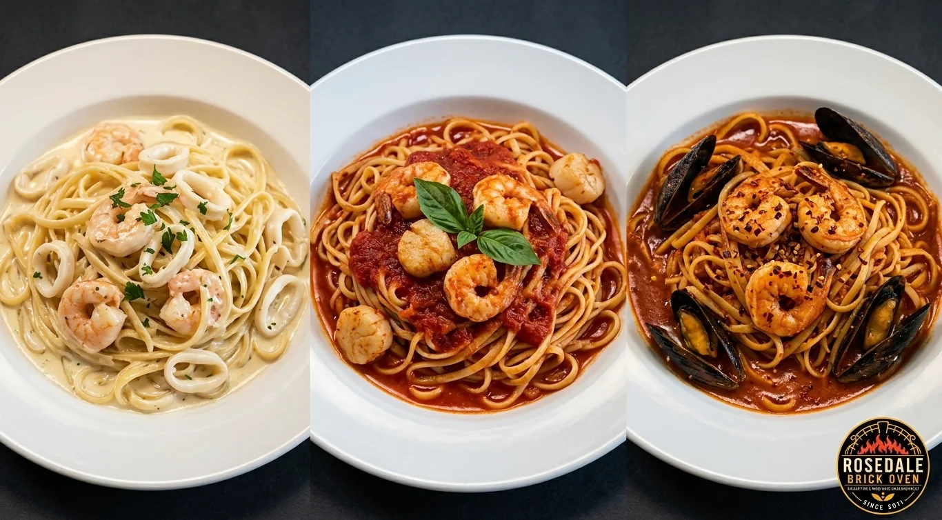 Italian seafood pasta trio featuring shrimp and calamari