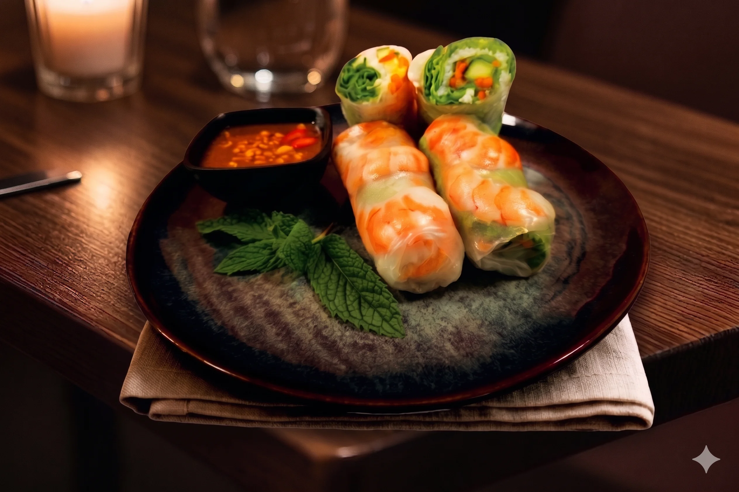 Fresh shrimp spring rolls with dipping sauce and mint leaves on a plate.