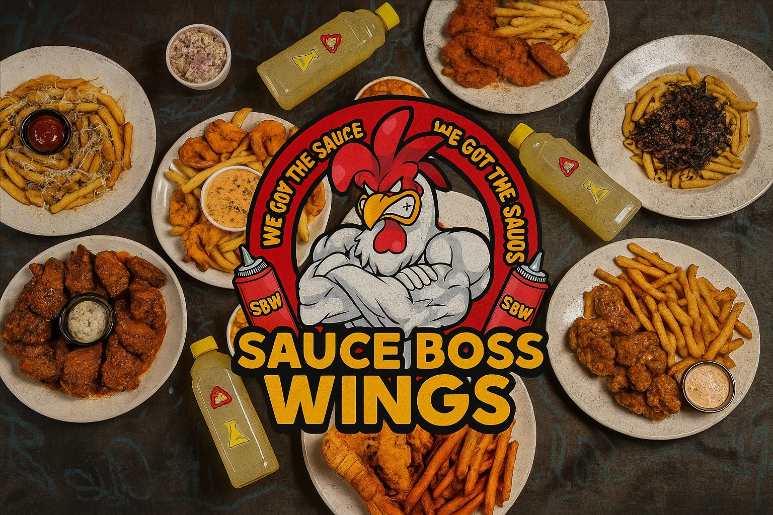 Assorted wings and fries at a vibrant wing restaurant