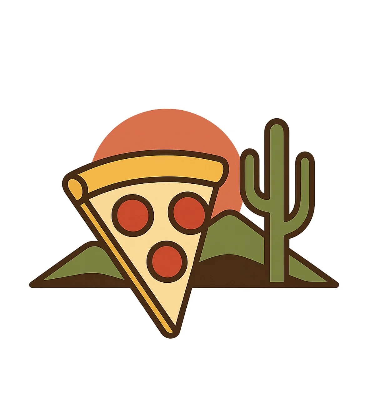 Stylized pepperoni pizza with desert landscape and cactus