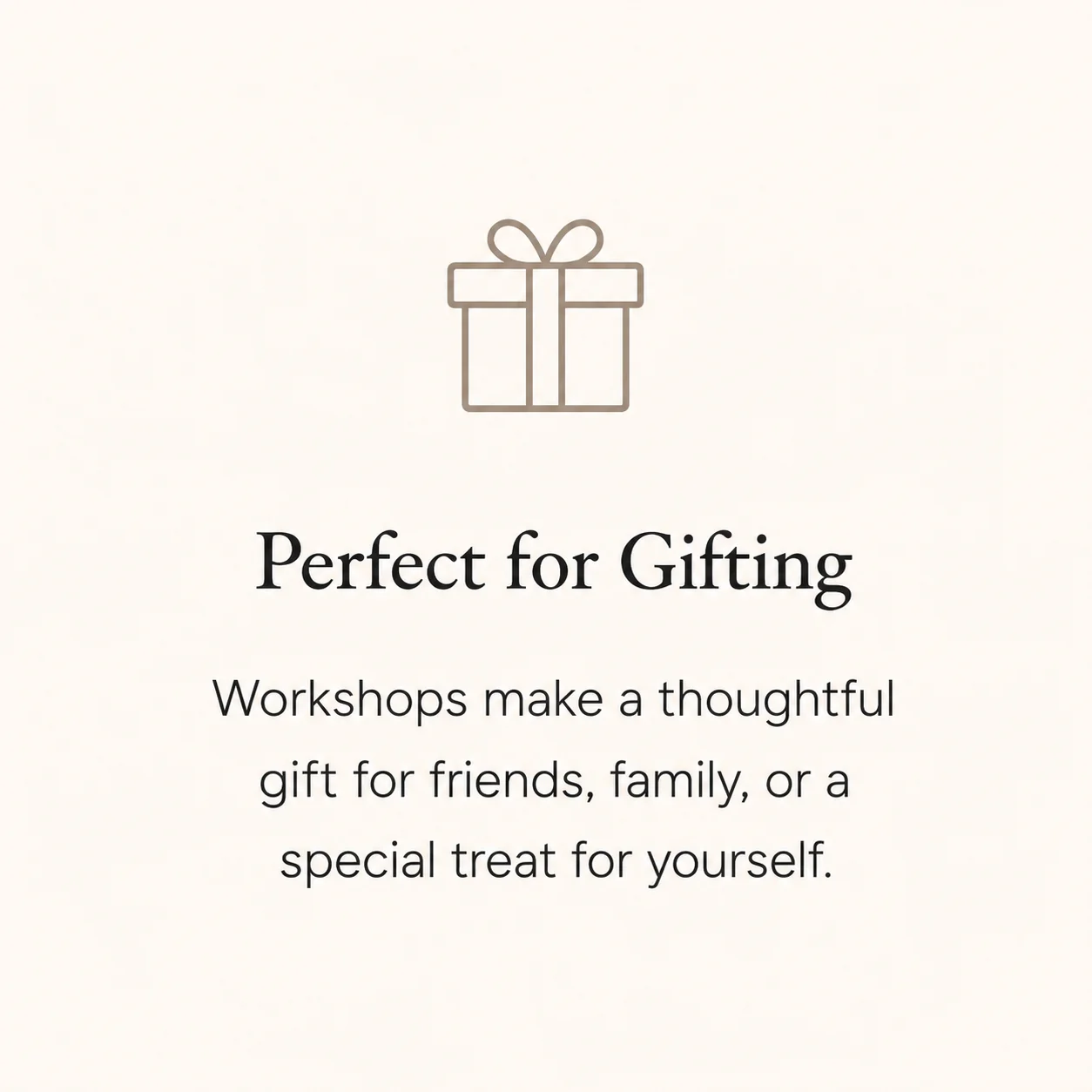 Gift box icon with text about workshops as thoughtful gifts