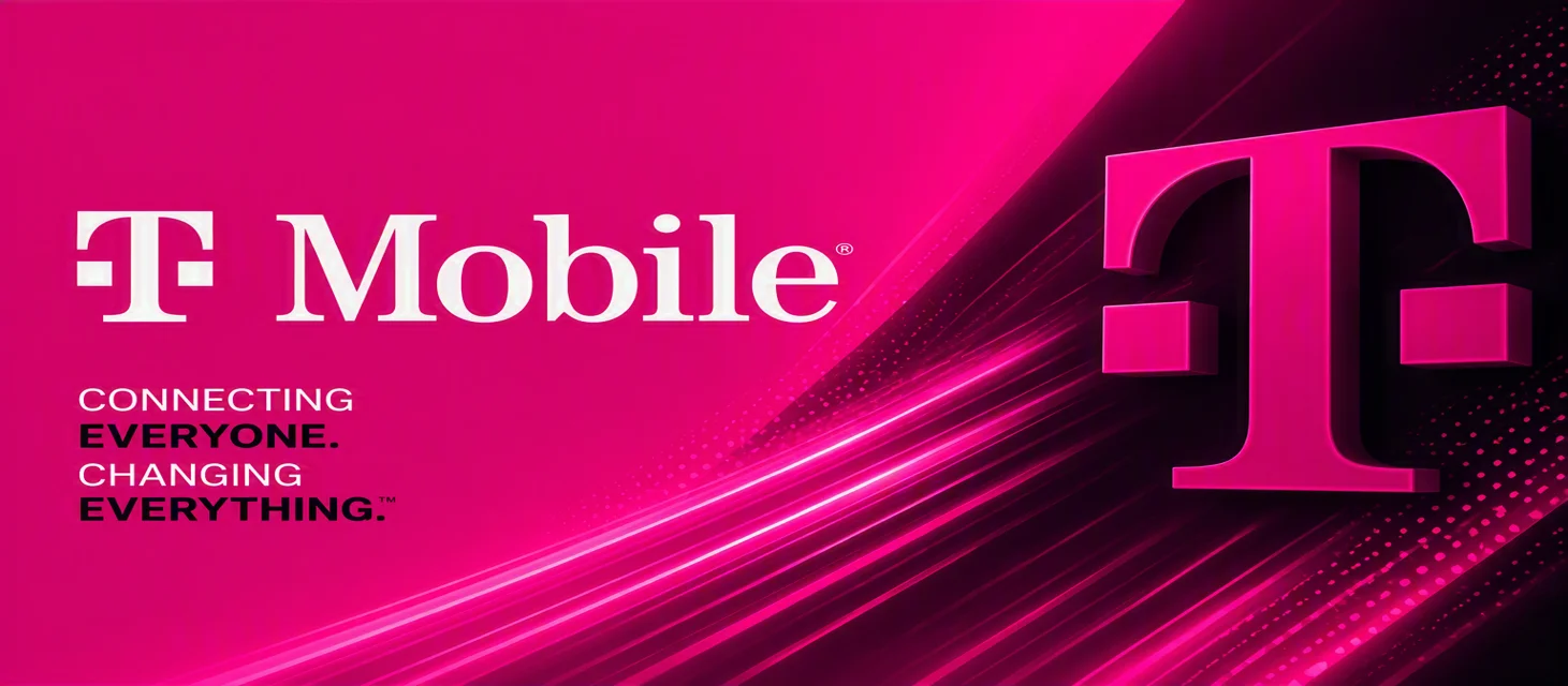 T-Mobile logo with vibrant pink background and dynamic design elements