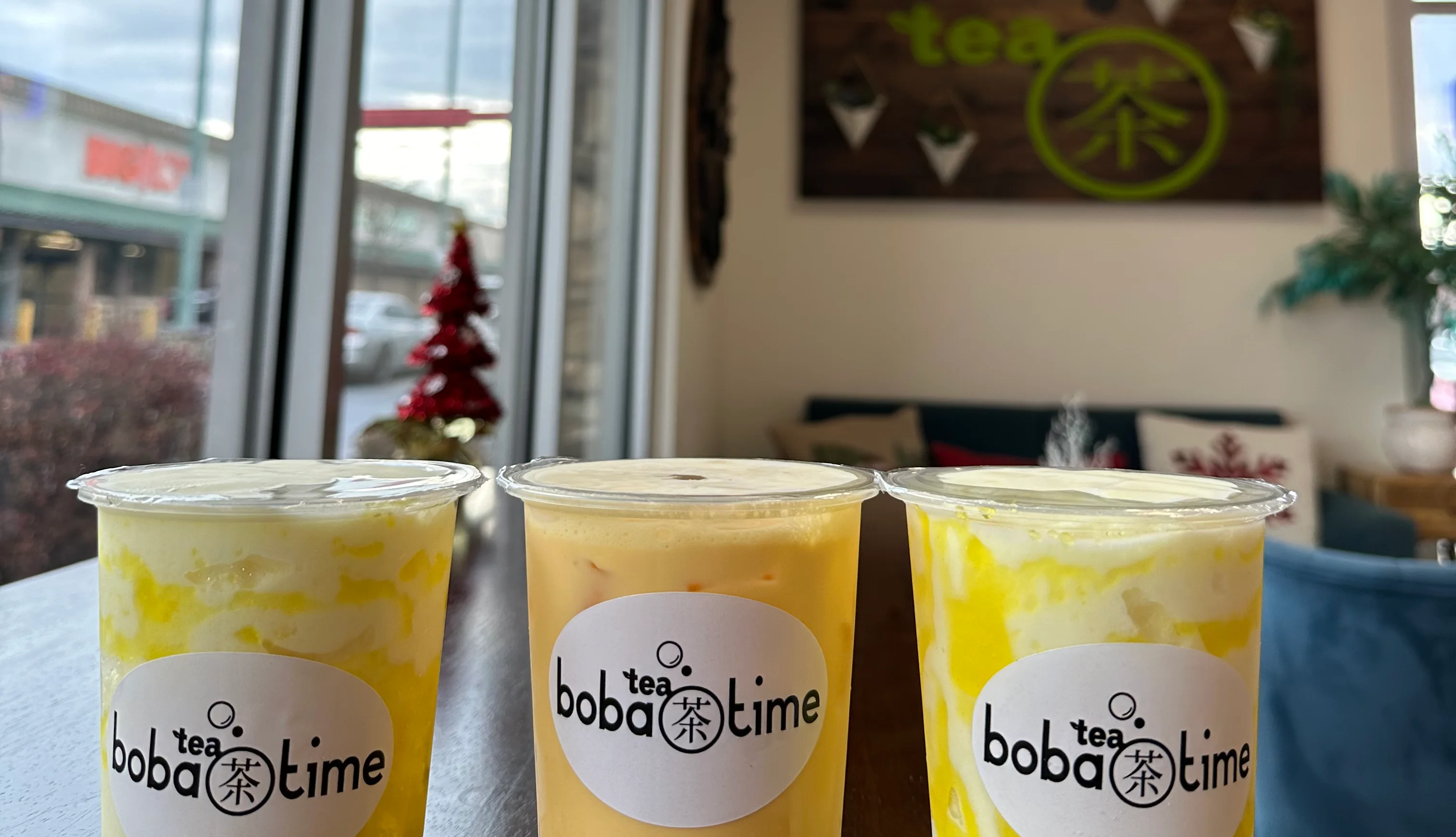 Colorful boba drinks in a cozy tea shop