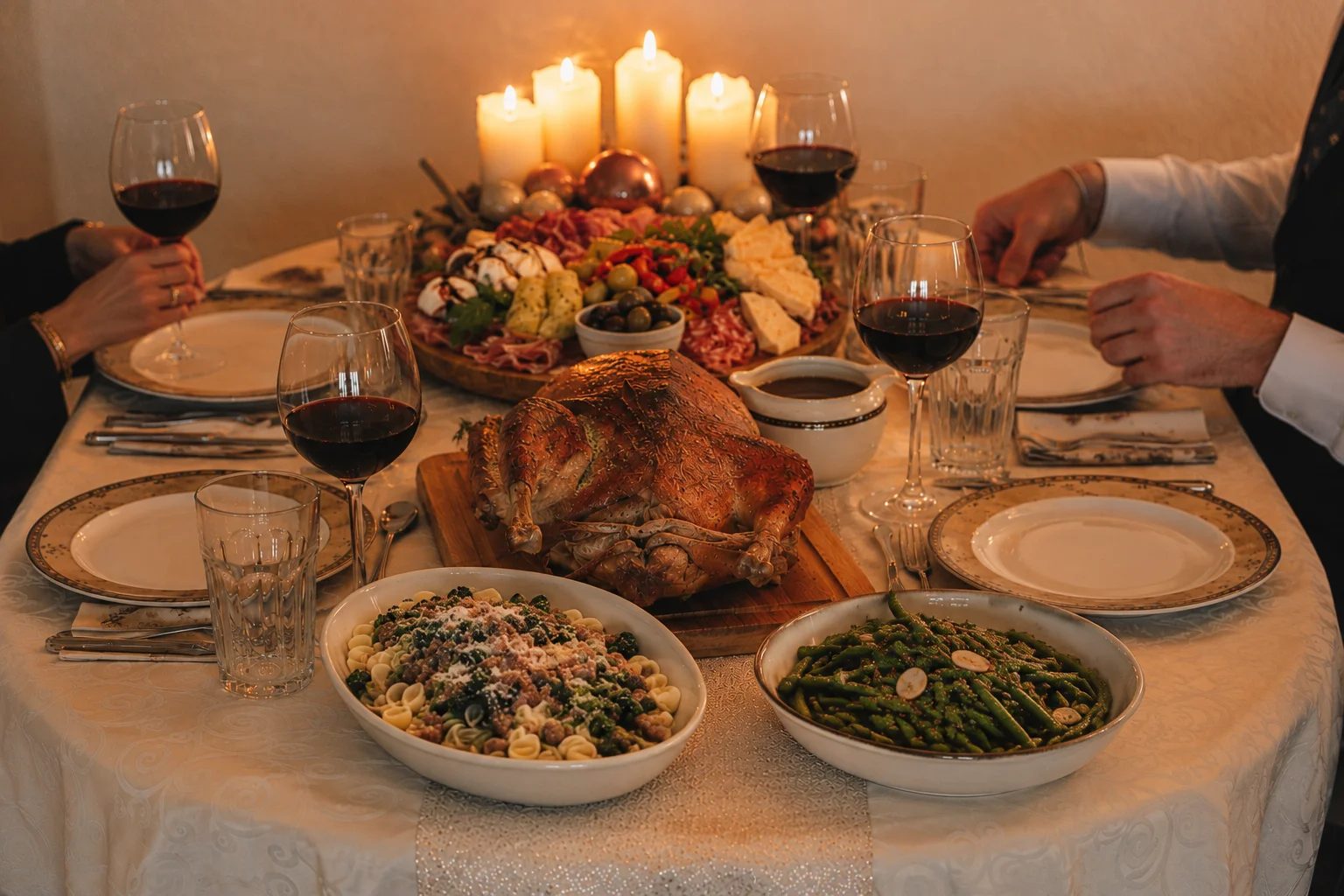 Festive roast turkey dinner with Italian antipasto, pasta, and green beans