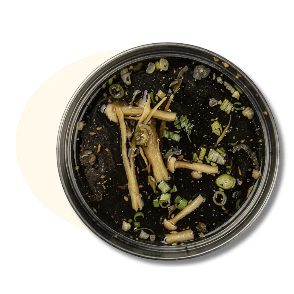 A jar of dark sauce with sliced green onions and herbs.