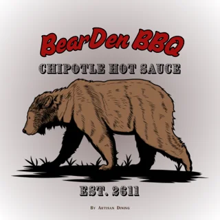 BearDen BBQ Chipotle Hot Sauce label featuring a bear illustration