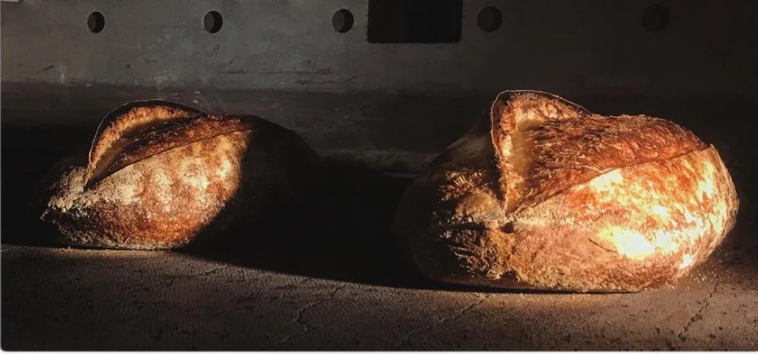 Artisan sourdough loaves baking in a stone oven