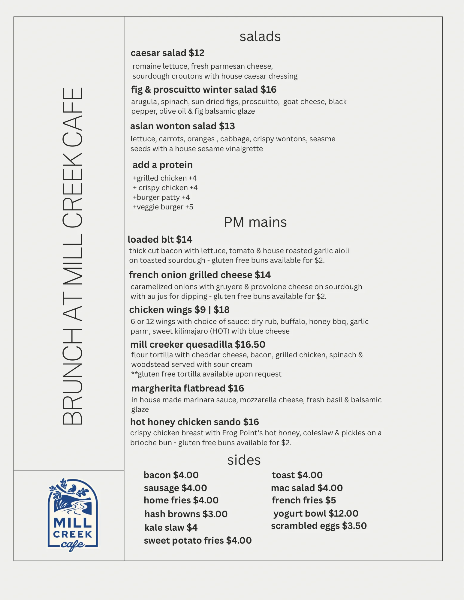Restaurant menu featuring salads, sandwiches, wings, flatbread, and sides