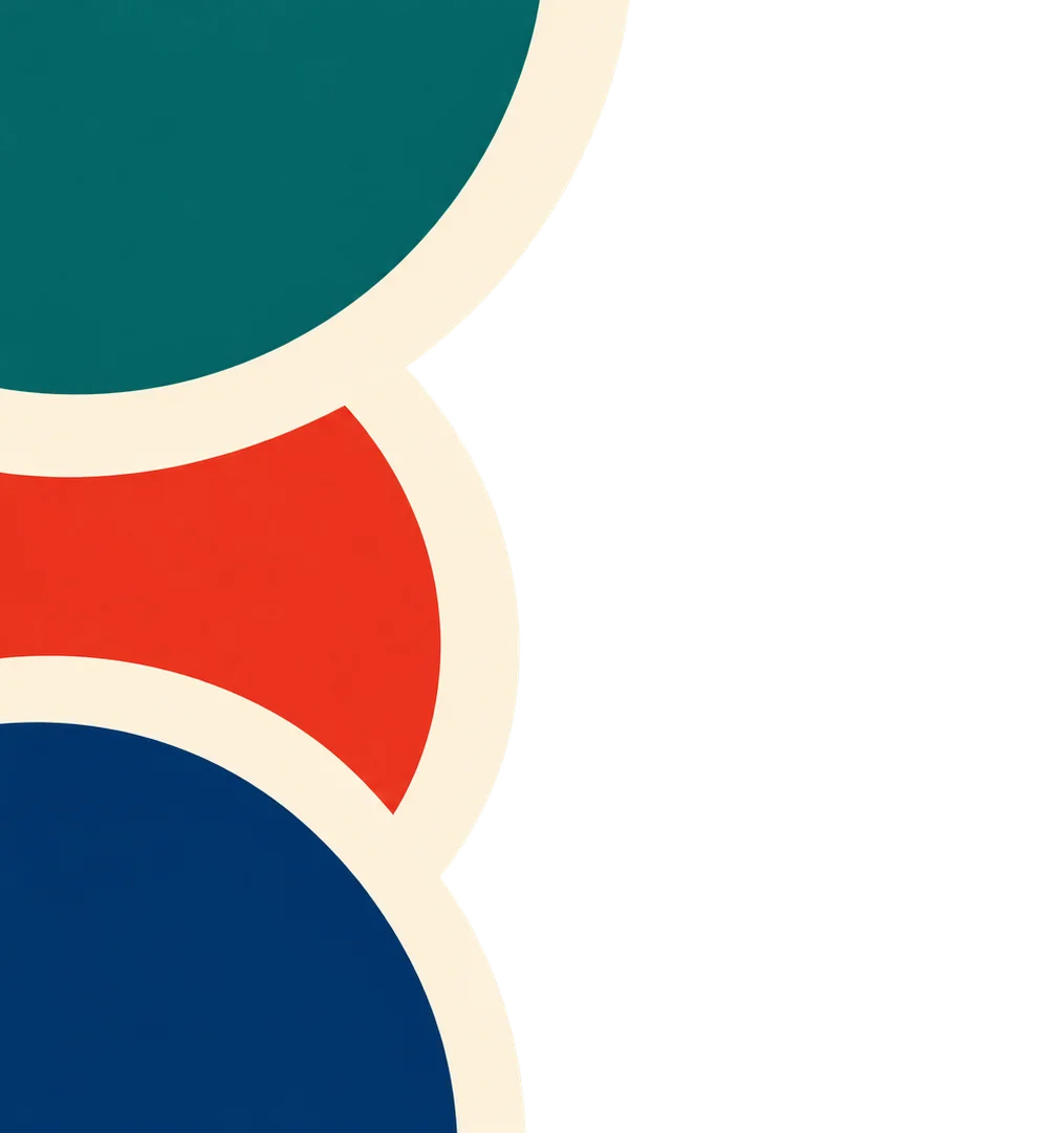 Abstract geometric restaurant branding graphic with teal, red, and blue shapes