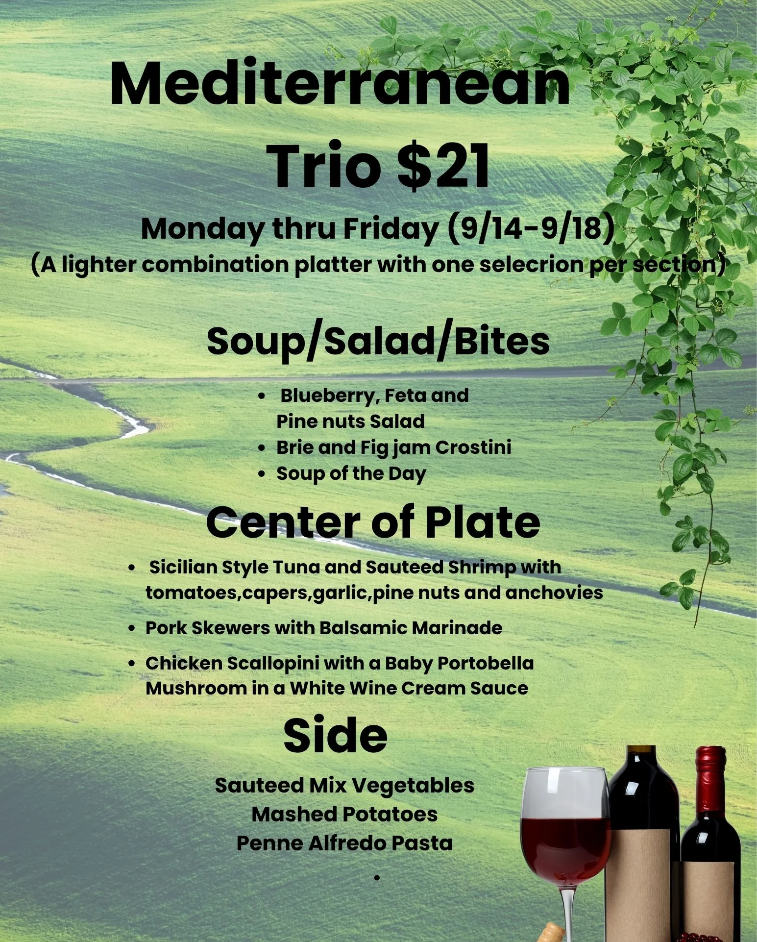 Mediterranean trio platter featuring seafood and pasta dishes