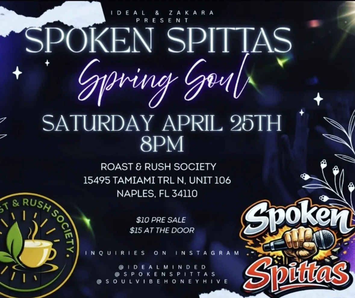 A promotional flyer for an event called 'Spoken Spittas: Spring Soul.' It lists details about a poetry event, including date, time, and location.
