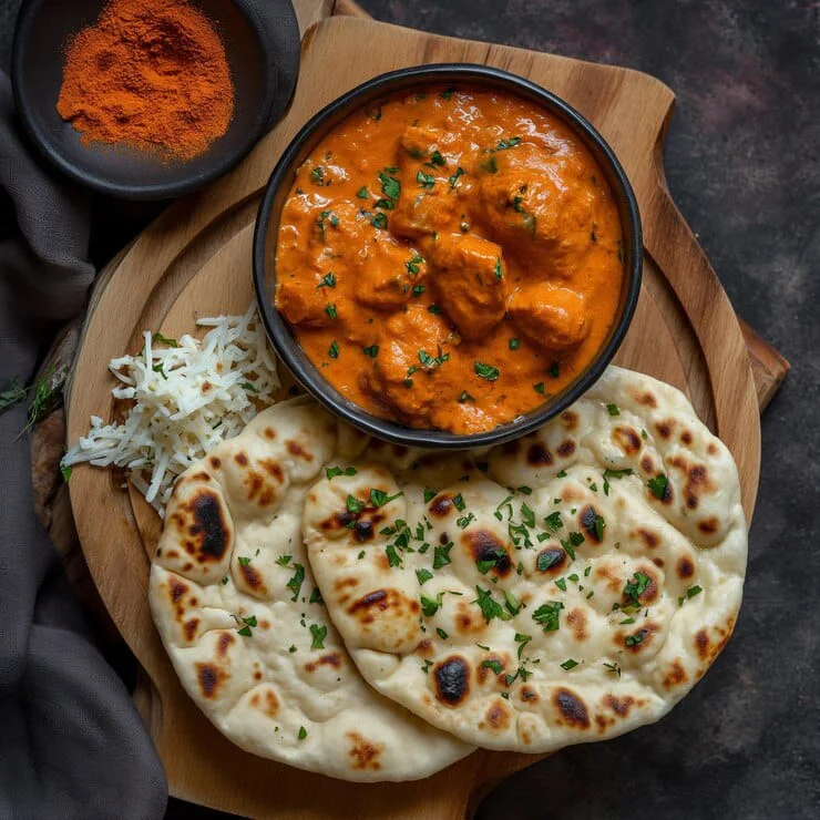 Creamy butter chicken with naan and rice