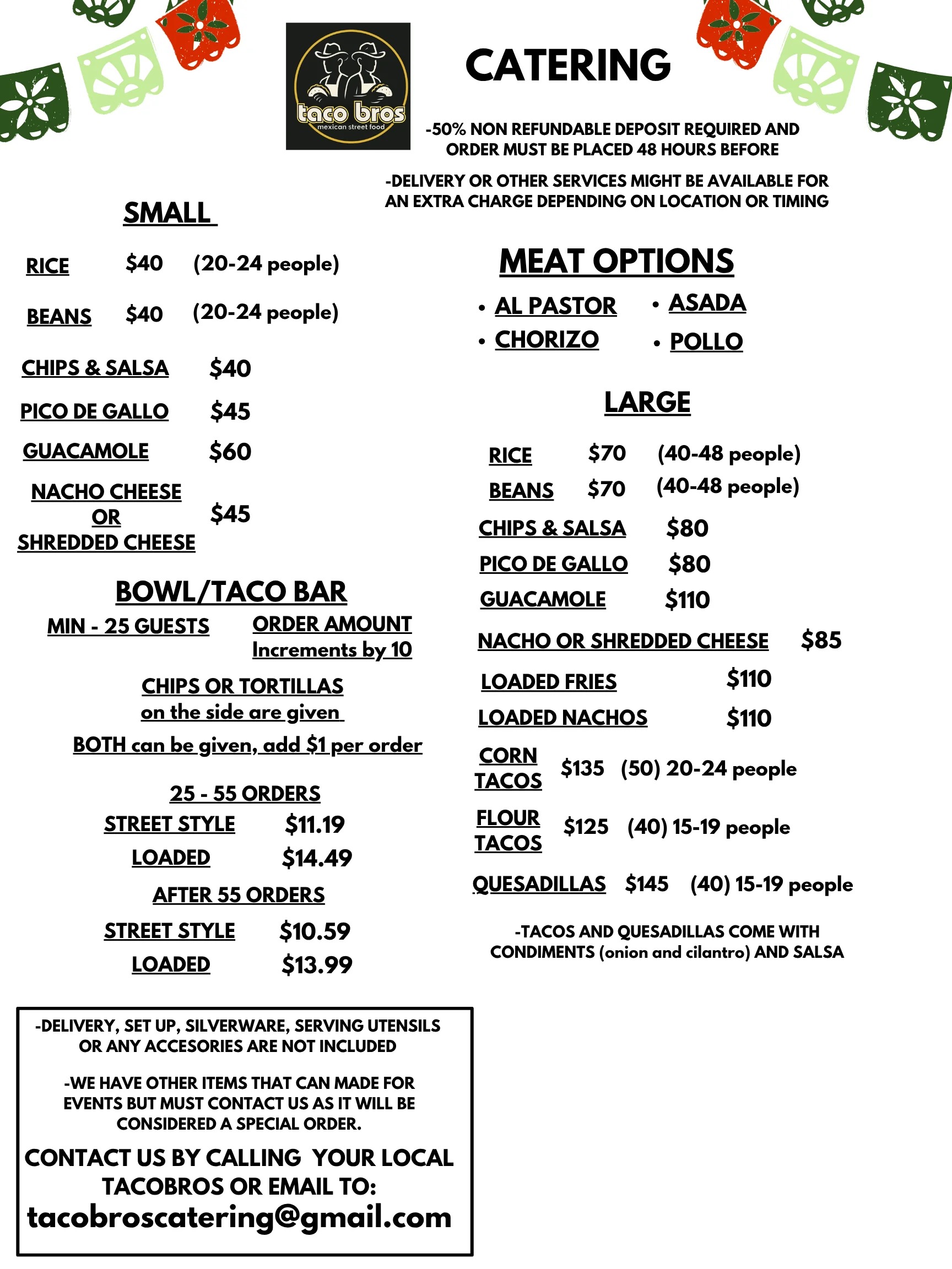 Catering menu for Mexican street food with taco options