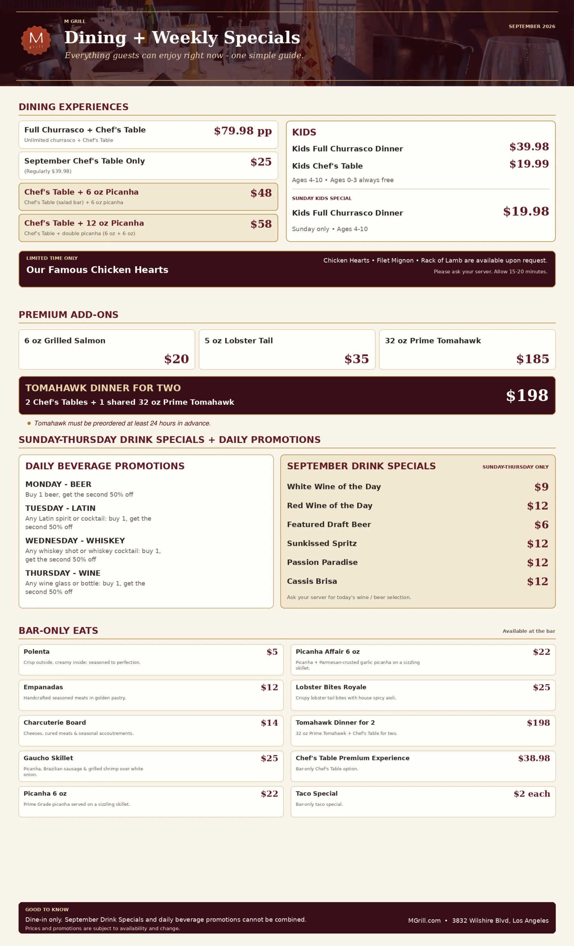 Elegant restaurant menu showcasing diverse dining experiences and drink specials