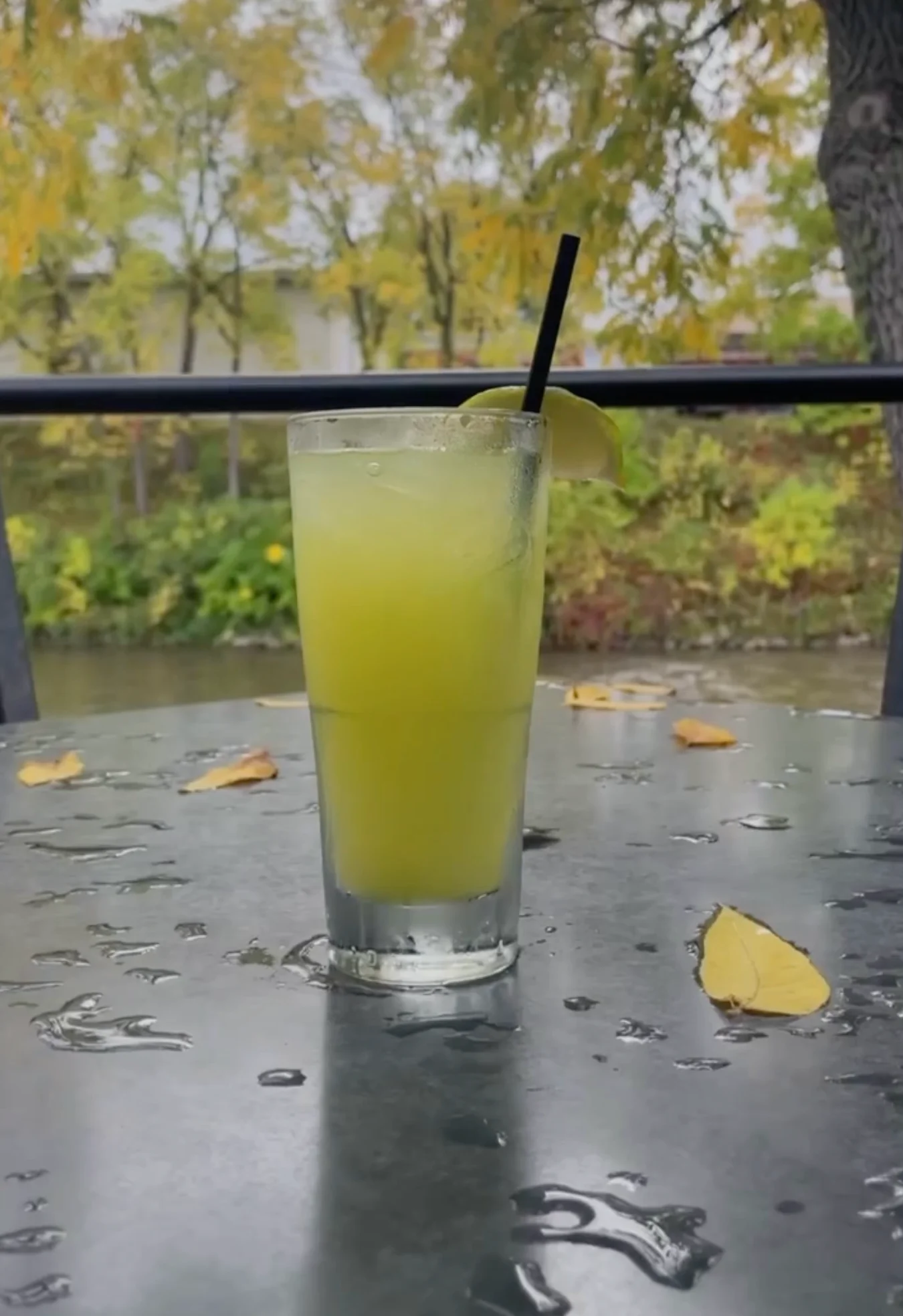 Witch's Brew cocktail in a bright shade of electric green with water puddles and leaves around it