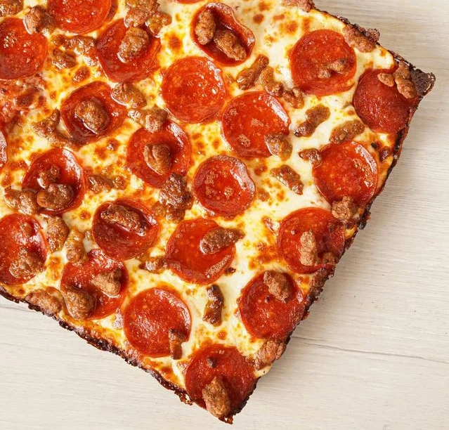 Square pepperoni pizza with crispy crust