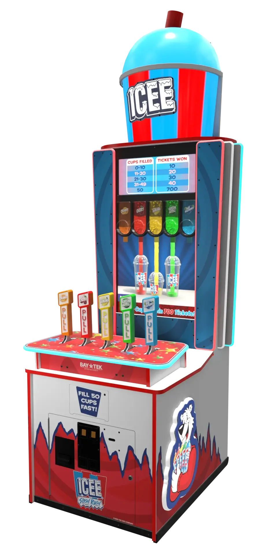 An arcade game machine labeled 'ICEE', designed for filling cups with slush. It features colorful levers for different flavors and displays a ticket reward system.