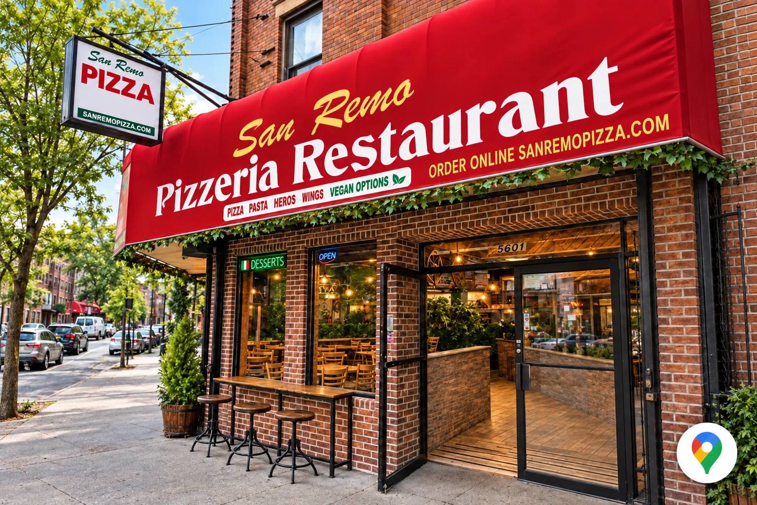 San Remo storefront on Myrtle Avenue with Google Maps pin