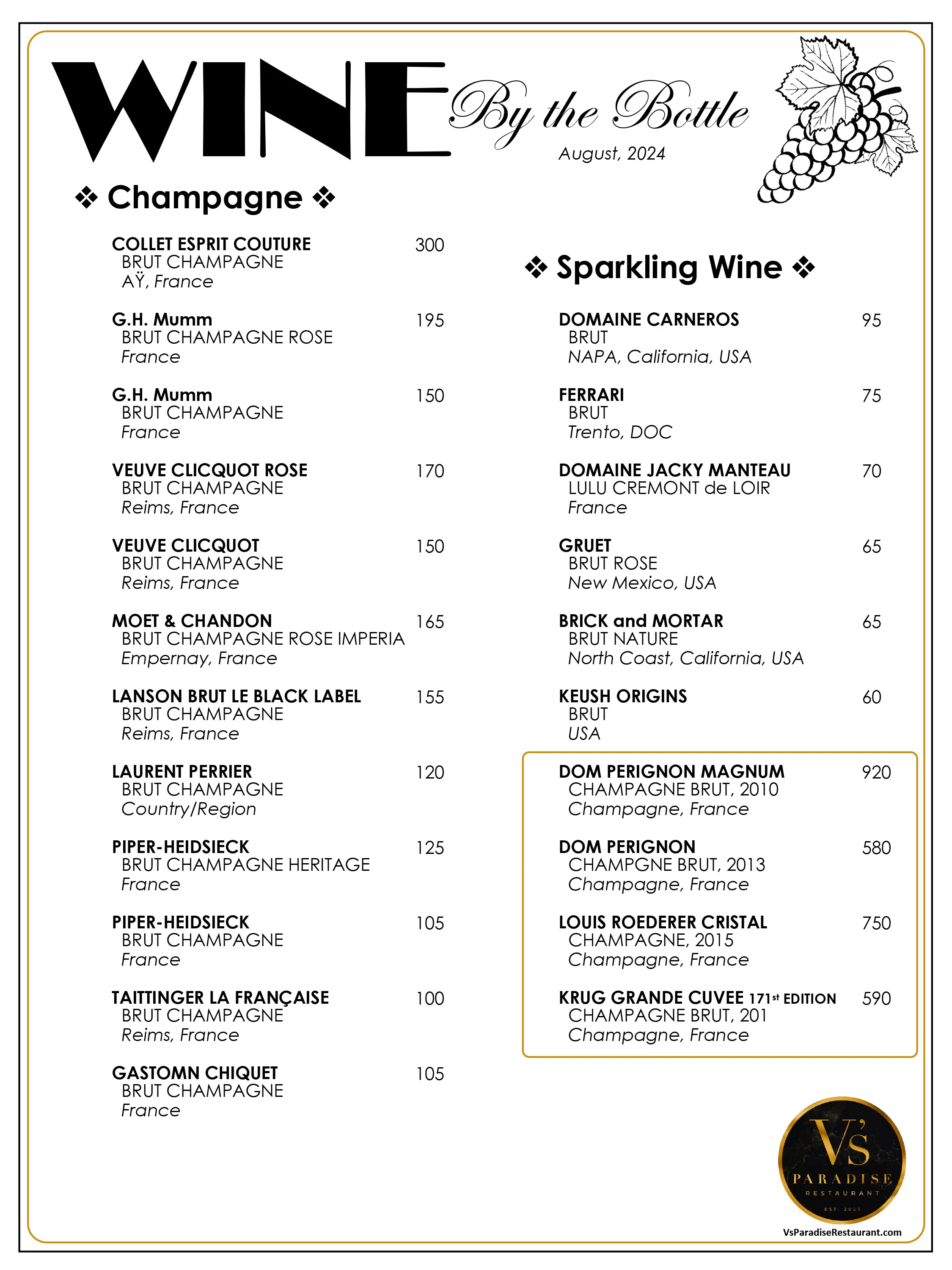 Wine list featuring Champagne and sparkling wines