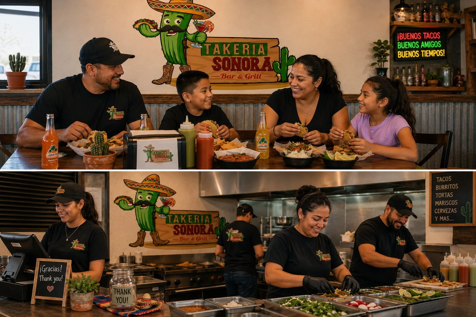 Colorful cactus family welcoming guests to Takeria Sonora Bar & Grill