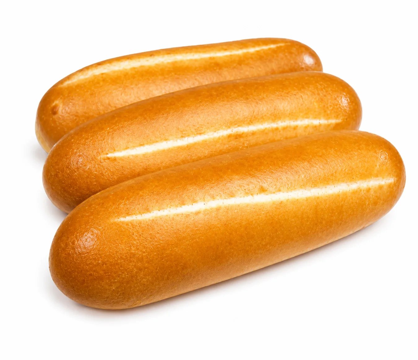 Three golden-brown bread rolls with a smooth surface.