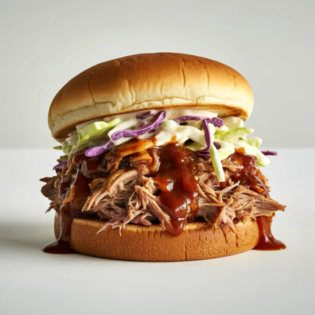Pulled pork sandwich with coleslaw and barbecue sauce