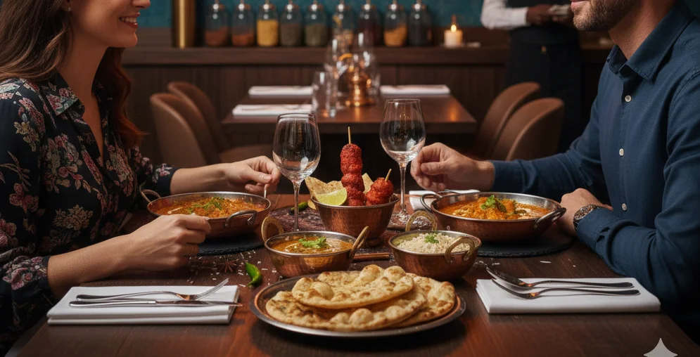 Couple enjoying Indian curry dishes in a cozy restaurant setting
