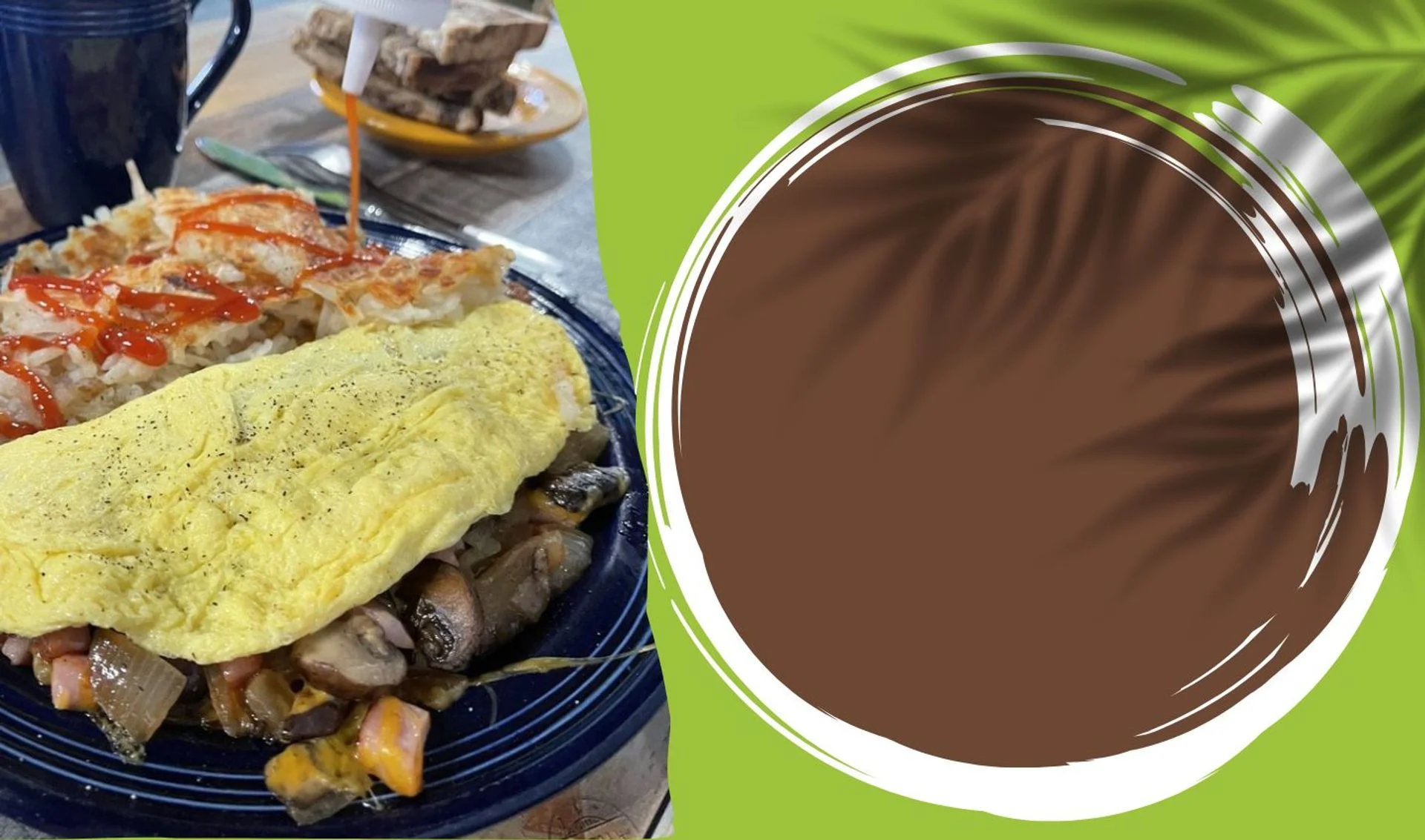 A meaty omelette paired with a side of hash browns