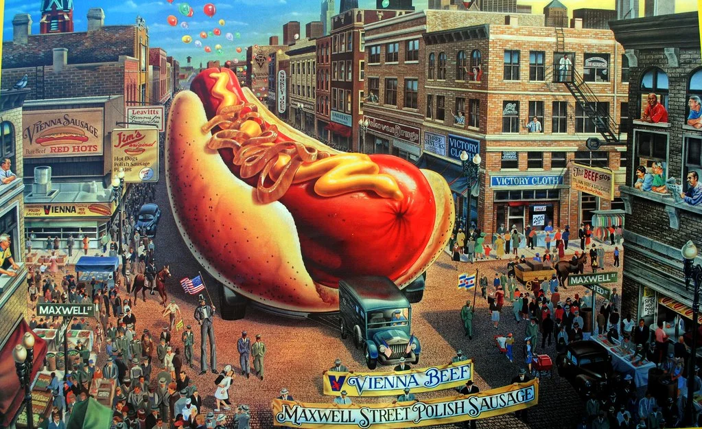 Giant Chicago-style hot dog in a bustling street scene