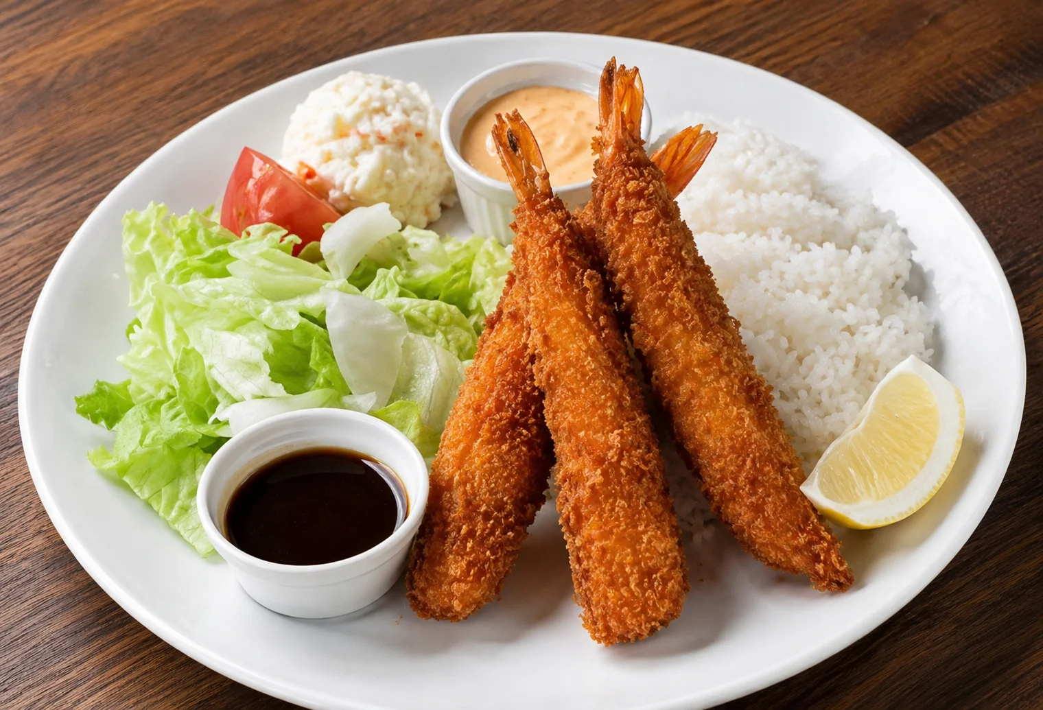 Deep fried breaded prawn served with salad, mini-appetizers, steamed rice, and miso soup.