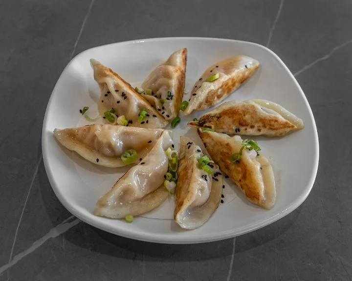 Pan-fried Chinese dumplings served on a white plate
