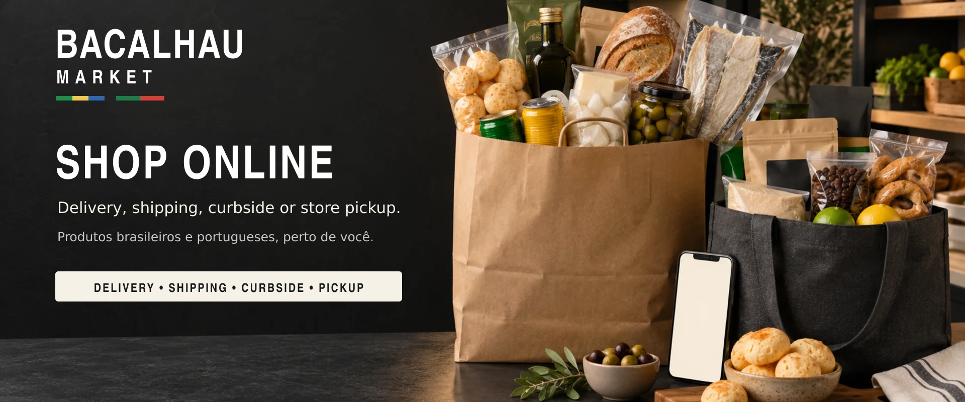 A promotional image featuring a bag filled with assorted grocery items and snacks, highlighting online shopping options for Brazilian and Portuguese products.