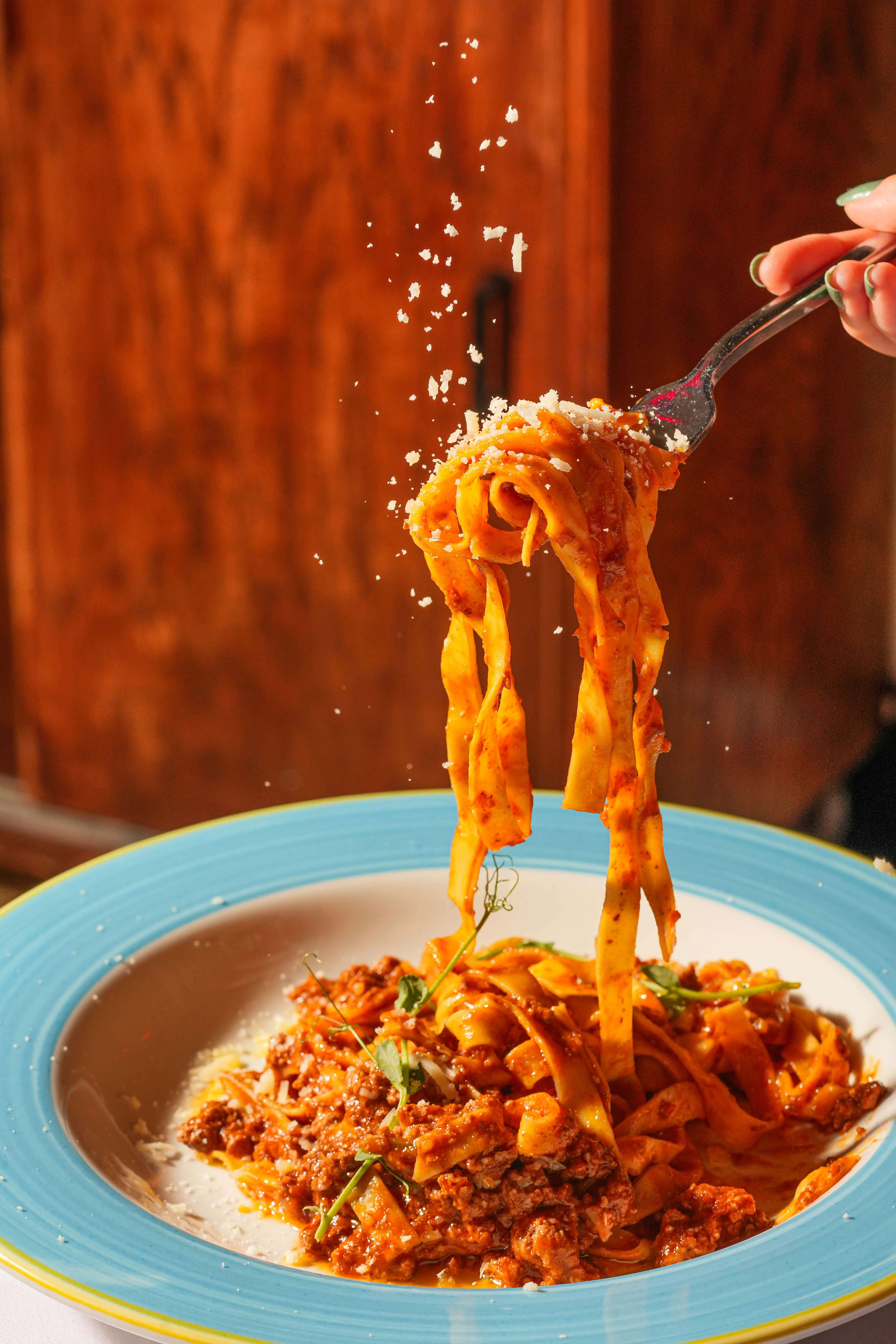 Plate of Italian tagliatelle with rich meat sauce