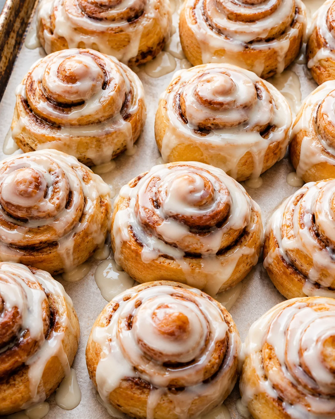 Freshly baked cinnamon rolls with cream cheese icing