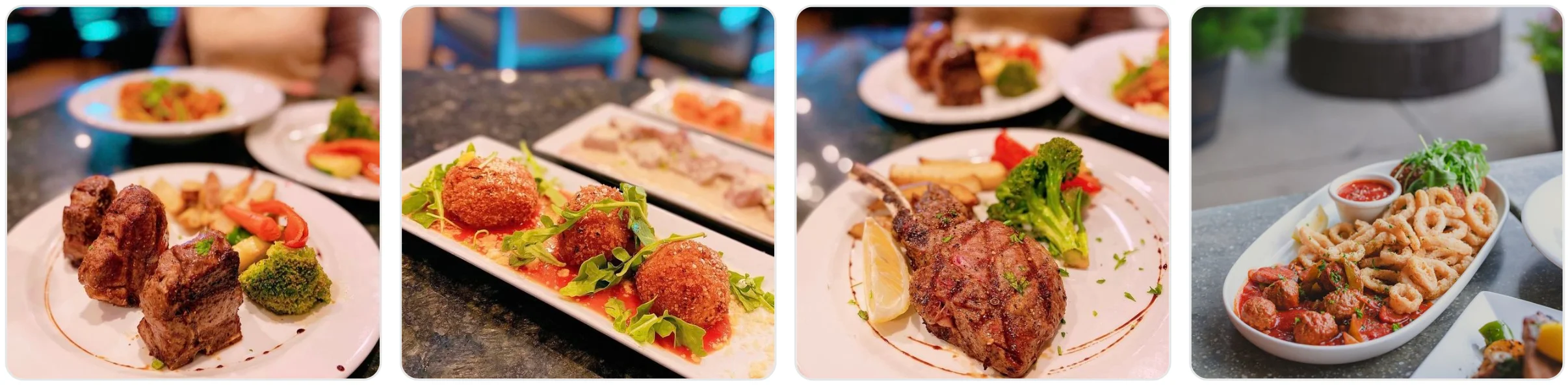 Grilled lamb chops with sides in a modern restaurant setting