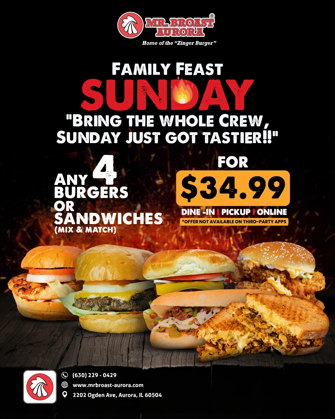 Promotional image for Family Feast Sunday with burgers and sandwiches.