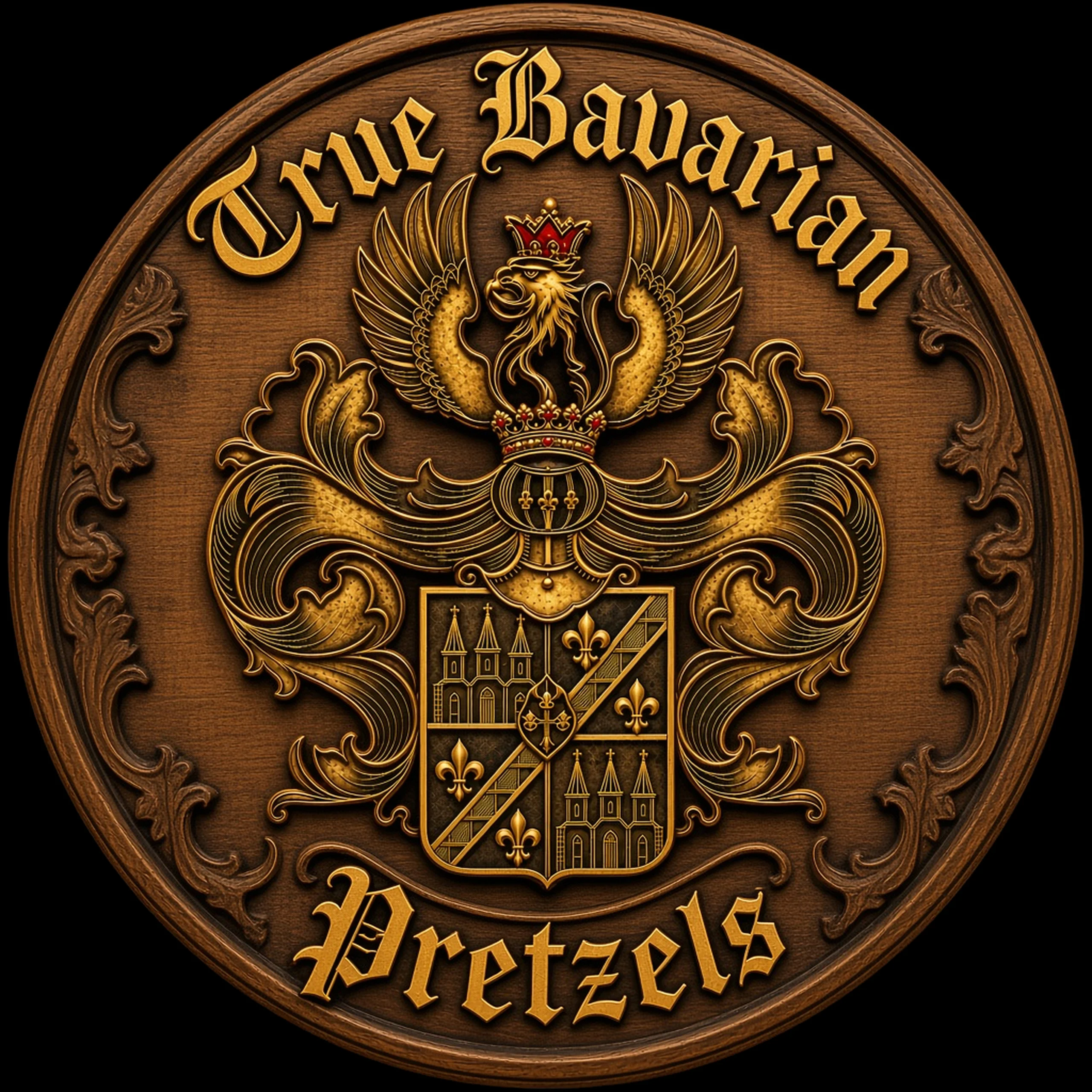 Emblem of True Bavarian Pretzels with intricate design and golden accents